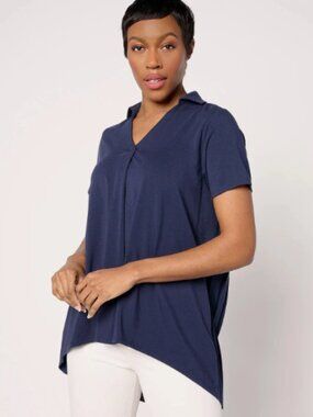 BEAUTIFUL Lawrence Zarian Hi-Low Tunic with Pleating-Navy-Petite Large-A637342